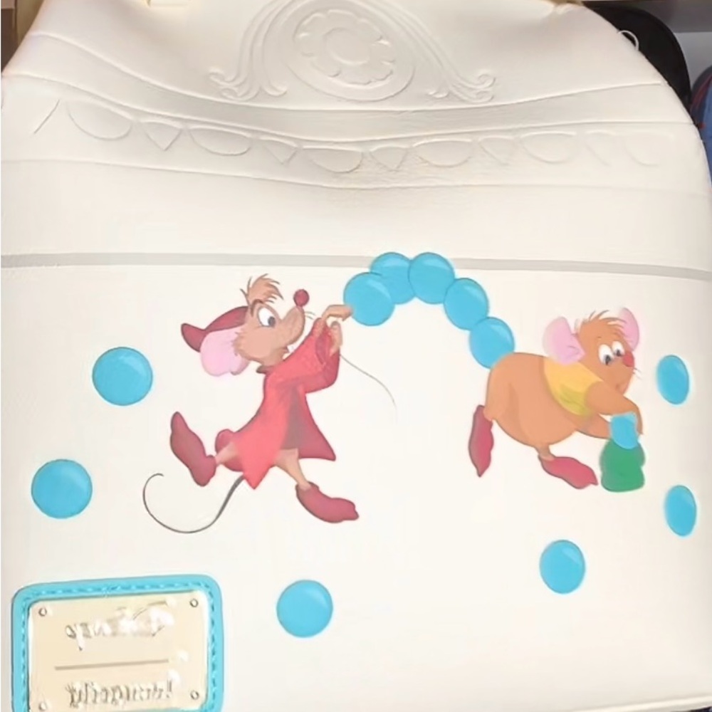 Loungefly White Backpack with Colorful Cartoon Mice and Blue Dot Accents